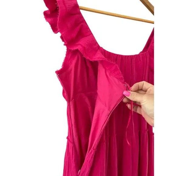Victoria Dunn Folly Gauzy Pink Tiered Ruffled Sleeve Maxi Dress Size‎ Medium